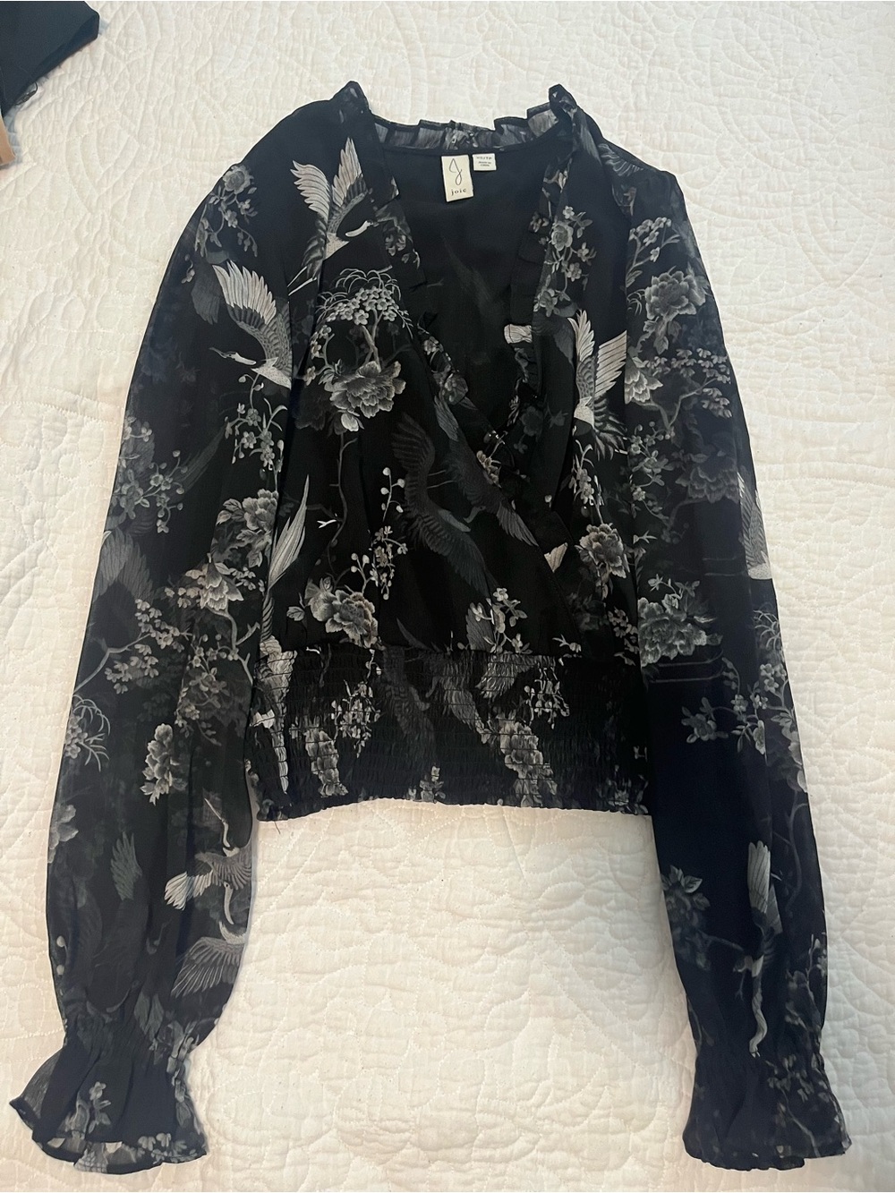 Joie Black Sheer Crane & Floral Ruffle Blouse